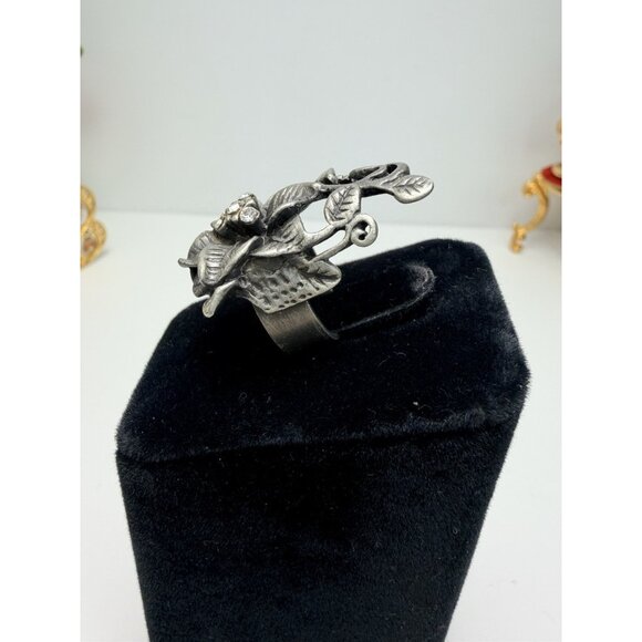 Vtg Art Nouveau Statement Ring Large Silver Leaves Rhinestone Runway Sz 6 - Picture 6 of 10